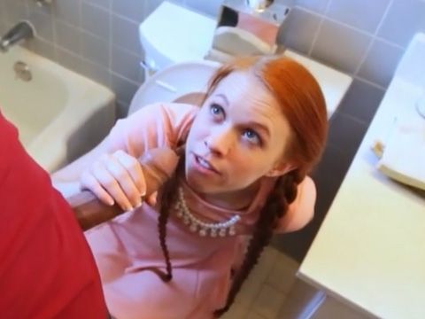 Tiny redhead stuck on the toilet then gets fucked hard