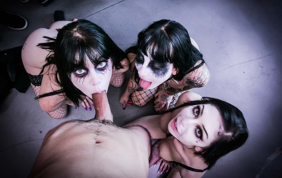 Halloween video shoot turns to foursome cock sharing party
