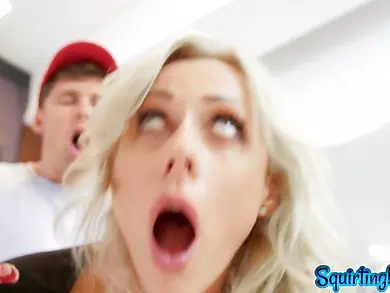Squirting blonde MILF sucking cock during buttfucking duo