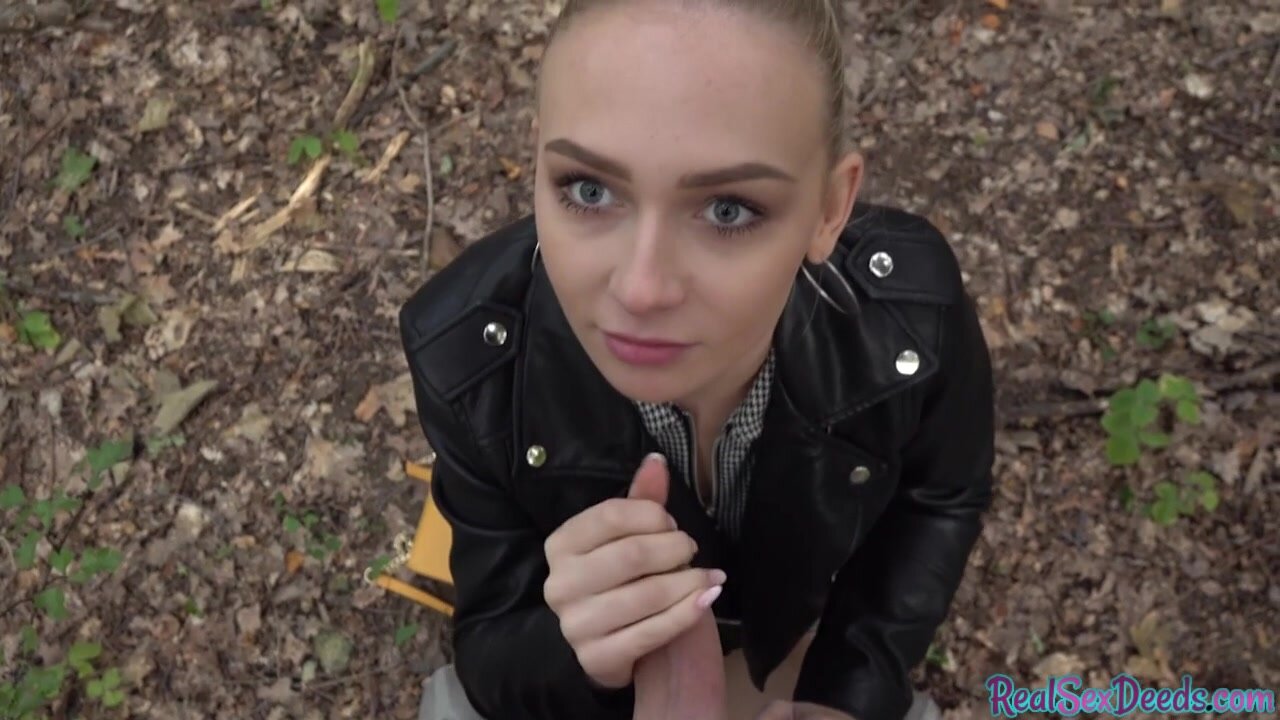 POV babe in leather jacket public fucked outdoor after BJ