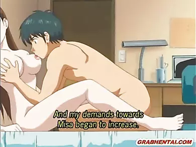 Chained anime brunette gets dildoed pussy and hot sucking stiff dick