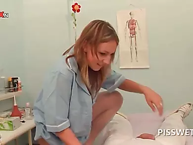 Hot blonde gets cunt examined by piss addict doctor